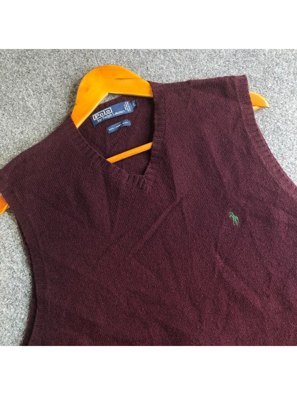 Vintage Polo Ralph Lauren Mens Sweater Vest Large Wine V Neck 100% Lambs Wool